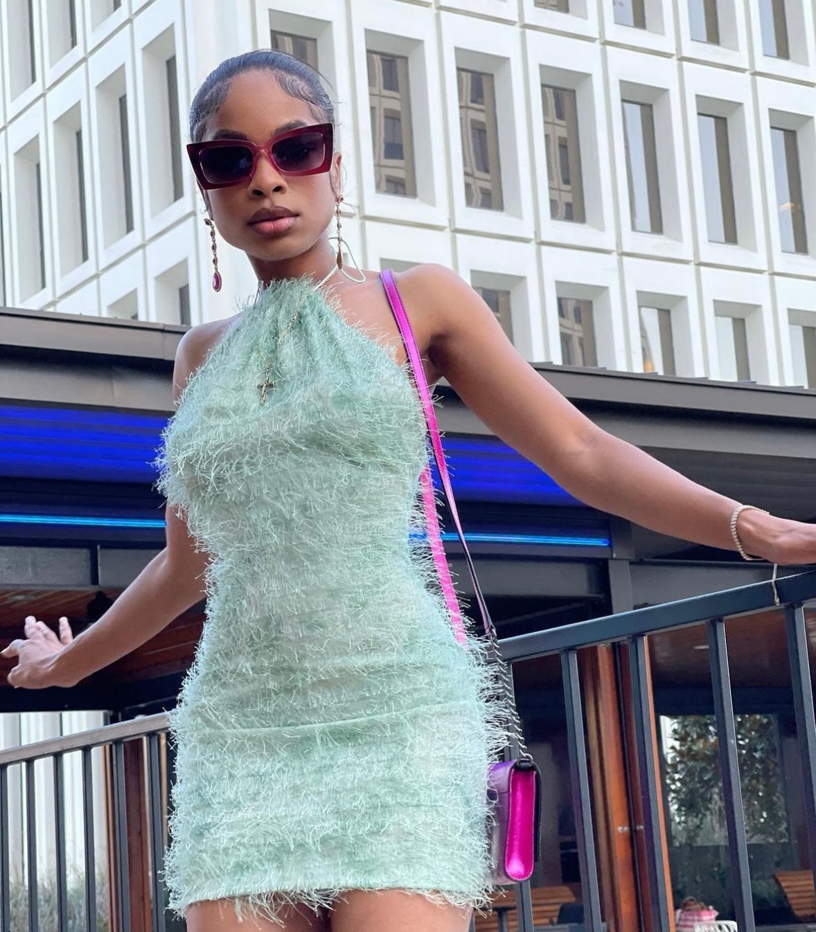 Mint Green Fur Halter Top Backless Mini Dress