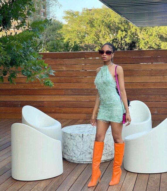 Mint Green Fur Halter Top Backless Mini Dress Mint Green Fur Halter Top Backless Mini Dress