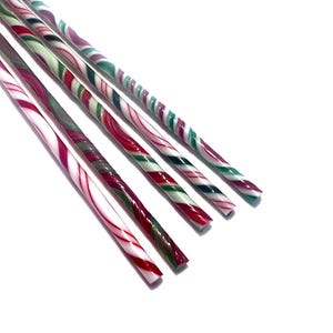 FIVE 10-Inch - Bullseye Glass COE 90 - Assorted Christmas Wigwag Twisties - Fusible Vitrigraph Glass Canes - Set 23
