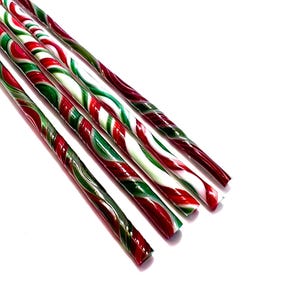 FIVE 10-Inch - Bullseye Glass COE 90 - Assorted Christmas Wigwag Twisties - Fusible Vitrigraph Glass Canes - Set 24