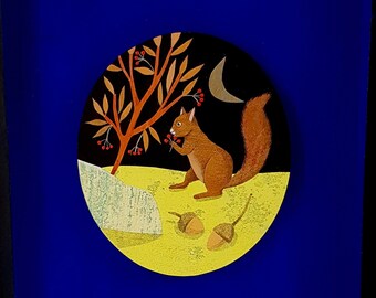 Painting "Squirrel and Red Berries"-Diorama-Original illustration-frame under glass