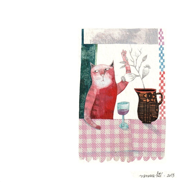 Drôle de chat rouge, verre de vin,  illustration originale en papiers découpés, scène miniature.