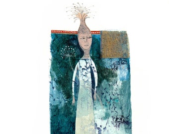 Flower woman, blue and gold, original illustration in cut-out paper, miniature, poetic painting.