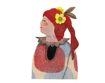 Redhead girl with yellow flowers in her hair, original illustration in cut-out paper, miniature, poetic painting.