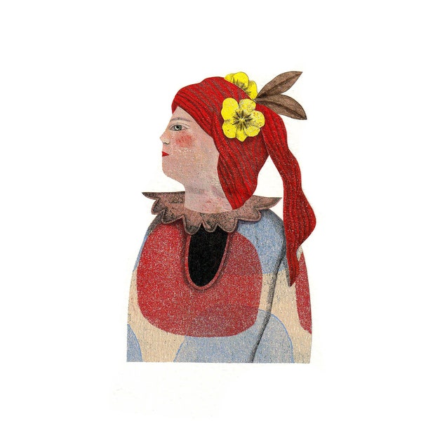 Fille rousse fleurs jaunes dans les cheveux, illustration originale en papiers découpés, tableau miniature, poétique.