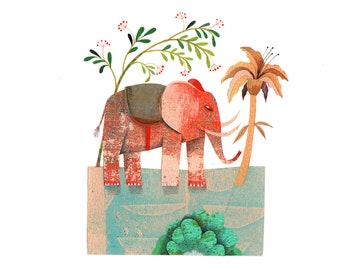 Small red elephant, paper cut-outs, miniature painting, wall decoration with animals, children's bedroom decor, poetic.