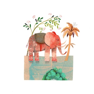 Petit éléphant rouge, papiers découpés, tableau miniature, décoration murale avec des animaux, déco chambre enfant, poétique. image 1