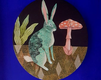 Painting "Blue Rabbit and Mushroom" -Diorama-Original illustration -frame under glass