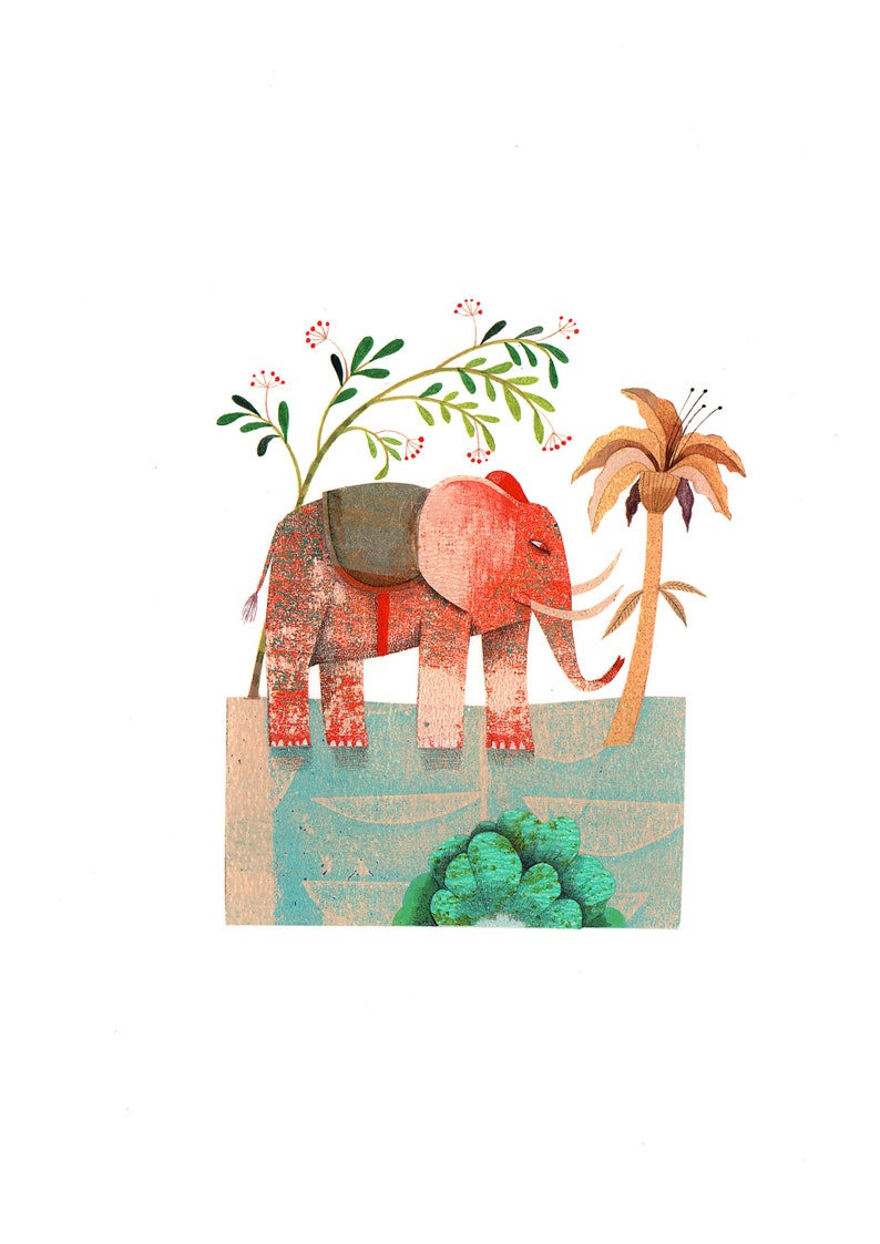 Petit éléphant rouge, papiers découpés, tableau miniature, décoration murale avec des animaux, déco chambre enfant, poétique. image 1