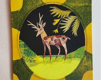 Painted miniature "Little reindeer" yellow landscape - papercut - paper art -