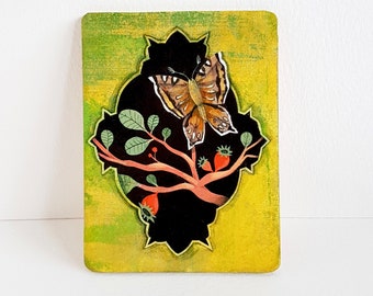 Miniature painted "Papillon on the branch - paper cut-paper art-