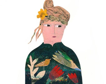 girl with a flower and bird shirt, original illustration in cut-out paper, miniature painting, poetic.