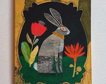 Painted miniature "Grey rabbit in the flowers" - papercut - paper art -