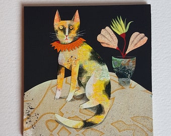 Painted miniature "Tabby cat with orange collar" - papercut - paper art -