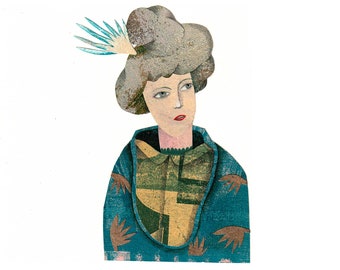 Young Lady with a bun, original illustration in cut-out paper, miniature, poetic painting.