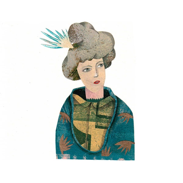 Demoiselle Bleu au chignon, illustration originale en papiers découpés, tableau miniature, poétique.