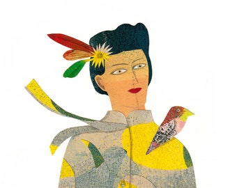 yellow woman with bird on her shoulder, original illustration in cut-out paper, miniature, poetic painting.