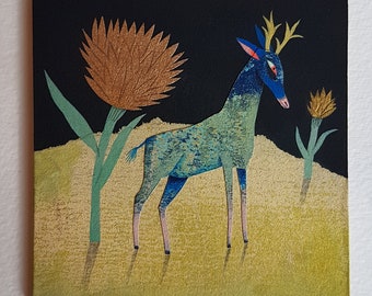 Painted miniature "Little blue deer with golden thistle" - papercut - paper art -