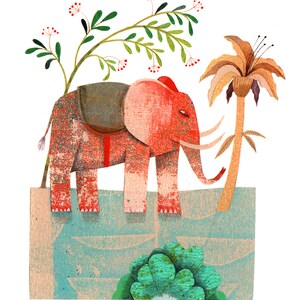 Petit éléphant rouge, papiers découpés, tableau miniature, décoration murale avec des animaux, déco chambre enfant, poétique. image 2