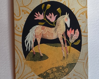 Painted miniature "Horse with pink flowers" - papercut - paper art -