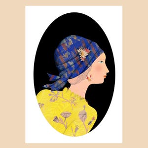Carte de luxe, format A5, Portrait de femme rétro, Style Art déco portrait, foulard dans les cheveux