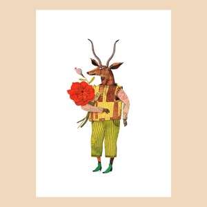 Carte de luxe, format A5, Antilope avec fleur orange, Antilope costumée, Portraits d'Antilope, Animaux habillés
