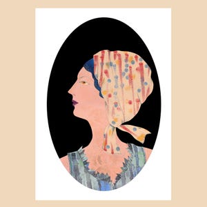 Carte de luxe, format A5, Portrait de femme rétro, Style Art déco portrait, foulard dans les cheveux