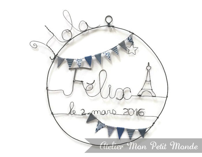 Couronne Prénom Fil de Fer à Suspendre, Tour Eiffel et Étoile, Guirlande Fanions Bleus - Cadeau Nais