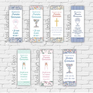 Lots de 8 signets de communion identiques, pour vos invités baptême, motif au choix parmi 7 motifs, pour fille ou garçon
