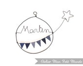 First name hanging wire, garland of pennants and star - Blue range of choice - Baby boy birth gift (small model)