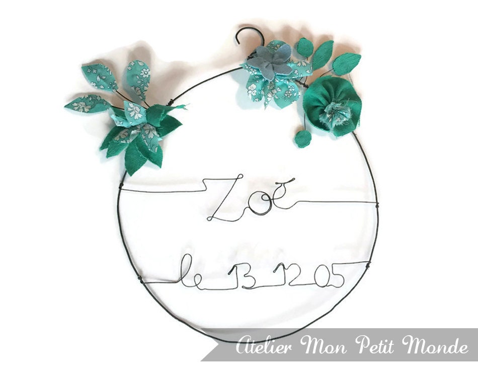 Prénom Fil de Fer à Suspendre, Feuilles et Fleurs Tissus - Gamme Bleu Vert Menthe Cadeau Naissance B