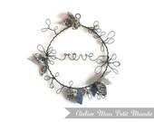 "Dream" wire crown to hang, Liberty and pea foliage and flowers - Blue and grey range - Decoration gift