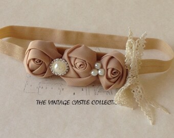 Chiffon Roses and Pearl with lace bow girl headband; available in ivory, tan, coral, pink and purple