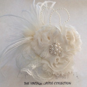 Stunning Ivory Bridal Headpiece Fascinator - chiffon flowers with pearl feathers and lace - vintage inspired photo prop