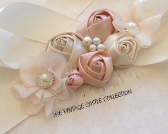 Beautiful Ivory Champagne & Dusty Pink Chiffon Satin flower and Crystal Bridal Sash