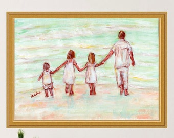 Father and Three Daughters on the Beach Print Original Art Family Artwork Gift for Father Wall Art by TonyGallery