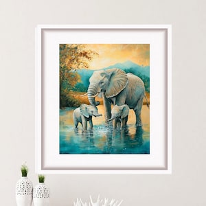 Elefante madre e due cuccioli di elefante dipinto a olio animali famiglia stampa safari pittura bambini decorazione da parete di TonyGallery