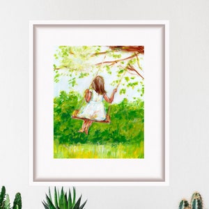 Impresión de niña y columpio, pintura acrílica, arte infantil, obra de arte rural, póster infantil, arte mural grande de TonyGallery