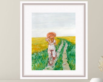 Girl on Bicycle Oil Painting Woman Print Figurative Art Countryside Artwork Gift for Her Bedroom Wall Decor by TonyGallery