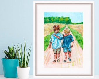 Two Brothers Print Acrylic Painting Family Art Children Artwork Kids Wall Art by TonyGallery