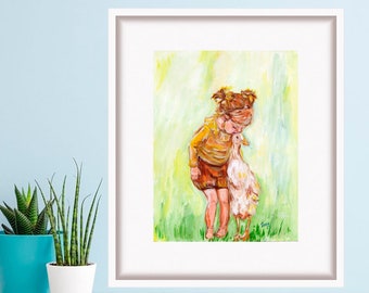 Child and Goose Print Acrylic Painting Farm Poster Animals Lovers Art Nursery Decor by TonyGallery