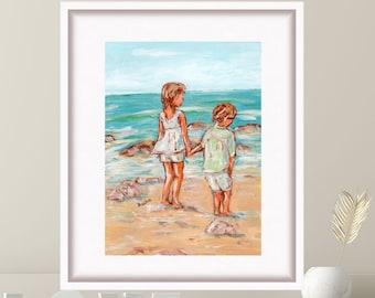 Beach Children Oil Painting Sistre and Brother Print Kids Wall Art Gift for Sister by TonyGallery
