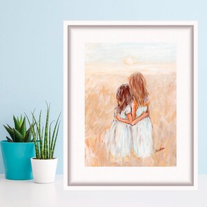 Pintura al óleo de dos hermanas en un prado, regalo para niñas, decoración de pared para hermanas y niños de TonyGallery