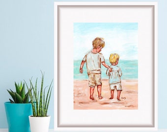 Two Brothers Print Acrylic Painting Print Original Art Beach Children Art Kids Wall Art by TonyGallery