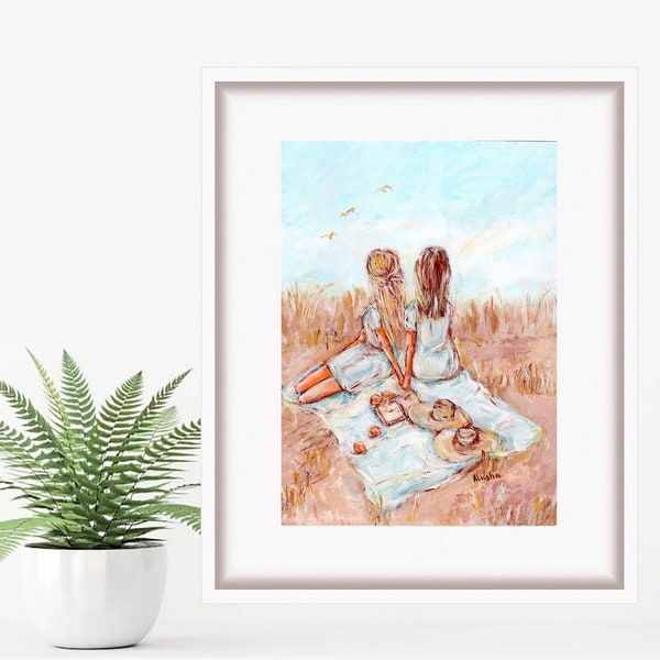 Two Sisters in the Fild Oil Painting Woman Print Figurative Art Gift for Girl Bedroom Wall Decor by TonyGallery