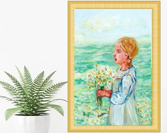 Girl and Daisies Painting Fine Art Print Floral Artwork Kids Wall Art Gift for Daughter by TonyGallery