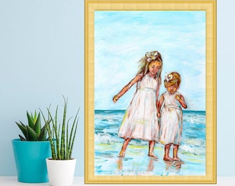 Two Girls on Beach Painting Print Original Art Children Artwork Kids Poster Sisters Art Girlfriend Artwork by TonyGallery