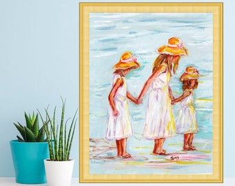 Three Sisters Painting Beach Girls Print Children Poster Family Art Kids Wall Art Nursery Decor by TonyGallery