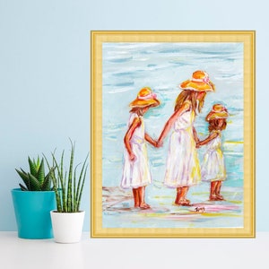 Cuadro de tres hermanas con estampado de niñas en la playa, póster para niños, arte familiar, arte de pared para niños, decoración de guardería de TonyGallery