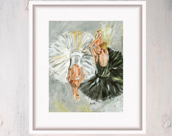 Two Ballerinas Print Black and White Abstract Painting Dancer Artwork Sport Poster Large Wall Art by TonyGallery